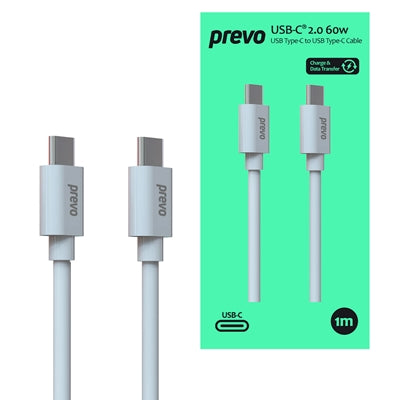 Prevo USB-C Cable 60W 1m White - Pure Copper Fast Charging Prevo USB-C Cable 60W 1m White - Pure Copper Fast Charging